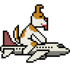 Sticker - vector pixel art dog ride plane