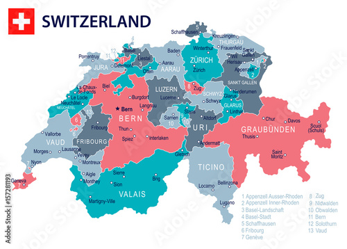 Fotografía Switzerland - map and flag – illustration