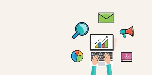 Poster - banner for digital marketing concept and online business concept with flat color icon 