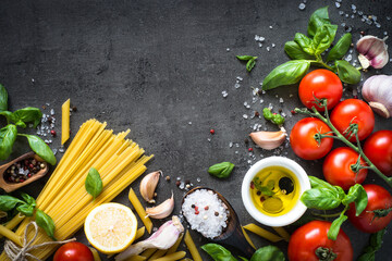 Sticker - Ingredients for cooking pasta. Italian food background. Top view on black.