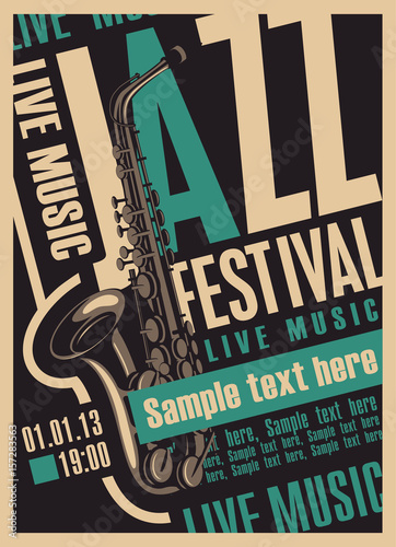 Dekoracja na wymiar  plakat-wektorowy-na-festiwal-jazzowy-muzyka-na-zywo-z-saksofonem-i-miejscem-na-tekst-w-stylu-retro
