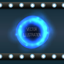 Transparent Blue, Black, Neon Round Banner. Abstract Glowing Vector Scope. Bright Light Effect. Template Neon Frame With Stars And Bulbs. Space For Text. Illustration