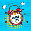 Background with red comic alarm clock ringing and expression wake up text on the dial. Vector bright dynamic cartoon illustration in retro pop art style on halftone background.