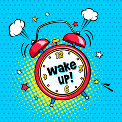 Wall Mural - background with red comic alarm clock ringing and expression wake up text on the dial. vector bright