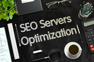 Poster - Black Chalkboard with SEO Servers Optimization Concept. 3d Rendering. Toned Image.