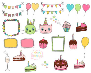 Cute hand drawn doodle elements for birthday and party designs with balloons, cakes and buntings in bright colors