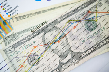 Double exposure of graph and dollars banknotes