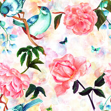 Seamless Pattern With Watercolor Bird And Roses, Vintage Style
