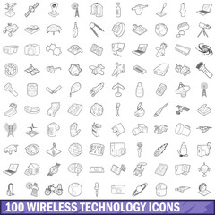 Poster - 100 wireless technology icons set, outline style
