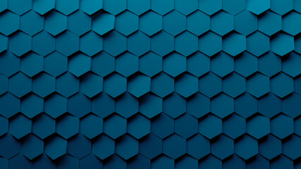 Fototapete - Abstract hexagon geometry background. 3d render of
simple primitives with six angles in front. Dark lighting.