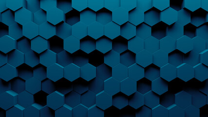 Fototapete - Abstract hexagon geometry background. 3d render of
simple primitives with six angles in front. Dark lighting.