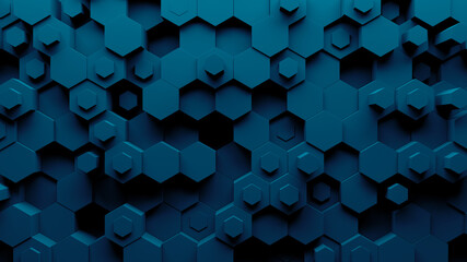 Fototapete - Abstract hexagon geometry background. 3d render of
simple primitives with six angles in front. Dark lighting.