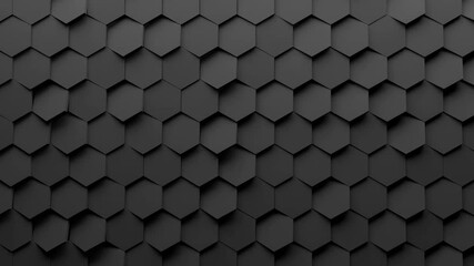 Poster - abstract hexagon geometry background. 3d render of simple primitives with six angles in front. dark 