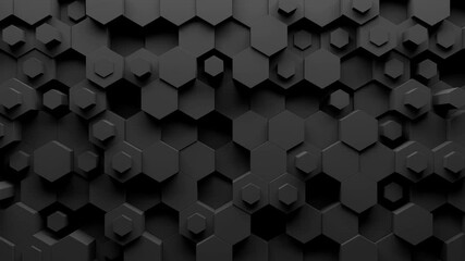 Poster - abstract hexagon geometry background. 3d render of simple primitives with six angles in front. dark 