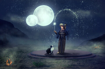 Wall Mural - mature fairy with cat perform a magical ritual