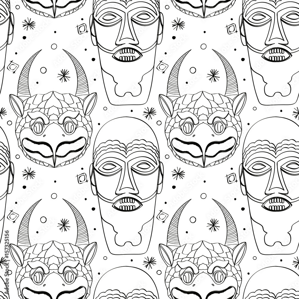 Seamless outline tribal mask pattern 2 Stock Vector | Adobe Stock