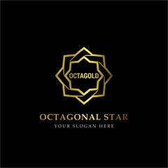 Wall Mural - Gold Octagonal Star Logo Vector in elegant Style with Black Background