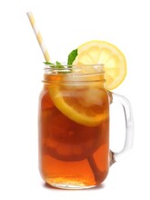 Mason Jar Glass Of Iced Tea With Straw Isolated On A White Background