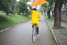 Rear View Of Bicycle Rider Wearing Raincoat While Cycling With Umbrella