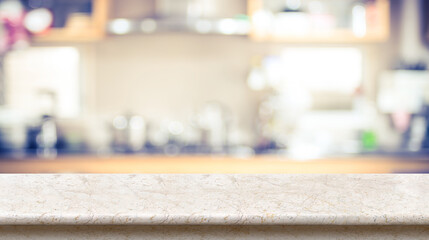 Fototapete - Empty marble table top view with blurred home kitchen,Mock up template for display or montage of your design,Banner for advertise of product,panorama view