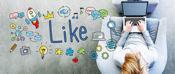 Wall Mural - like text with man using a laptop