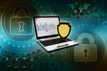 Poster - 3d rendering laptop with shield 
