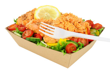 Wall Mural - Pink salmon and fresh salad in a cardboard food tray isolated on a white background