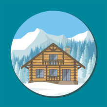 The Image Of A Chalet In Snowy Mountains. Beautiful Winter Landscape. Vector Background.