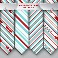 Set of holiday seamless red-green pattern, fashion hipster background with strips and mustaches for fathers day or men's event greeting card, banner or poster. Vector illustration, necktie design