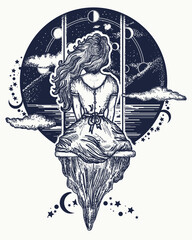 Wall Mural - Girl on swing flies to sky.  Symbol of dream,love, imagination, adventures. Romantic girl shakes on swing against background of mountains and stellar sky tattoo and t-shirt design