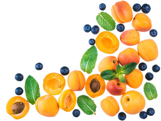 Wall Mural - Apricot, blueberry and mint, isolated, top view, copy space