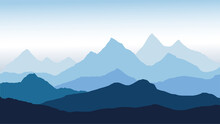 Panoramic View Of The Mountain Landscape With Fog In The Valley Below With The Alpen Glow Blue Sky - Vector