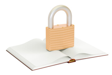 Poster - Opened blank book with padlock, 3D rendering