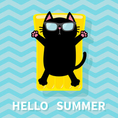 Poster - Black cat floating on yellow air pool water mattress. Cute cartoon relaxing character. Sunglasses. Hello Summer. Sea Ocean water with zigzag waves. Blue background. Flat design.