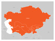 Map of Central Asia region with orange highlighted Kazakhstan, Kyrgyzstan, Tajikistan, Turkmenistan and Uzbekistan. Flat grey map with country white borders.