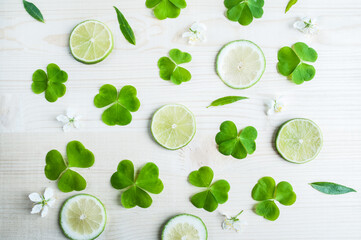  Young clover leaves and juicy lime slices. Background, summer, spring, healthy food, youth. Fruity floral pattern
