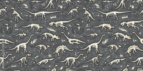 Stoffe zum Nähen Gesetzt, Silhouetten, Fossilien, Dinosaurier, Dino-Skelette. Handgezeichnete Vektor-Illustration. Nahtlose Muster, realistische Skizze Sammlung von Bones: Diplodocus, Triceratops, Tyrannosaurus, Doodle Muster.
