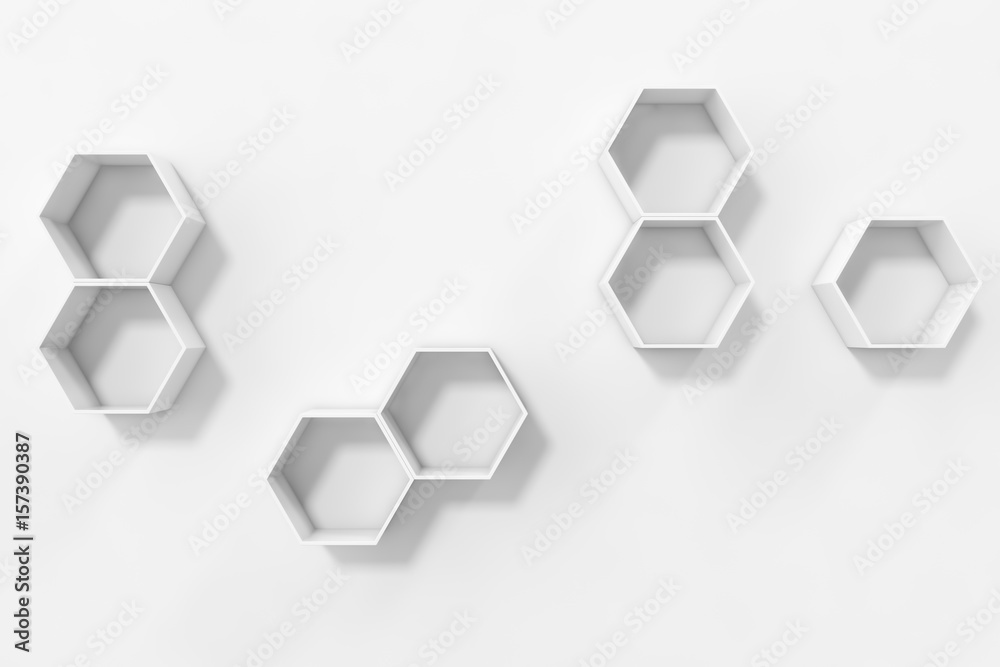 Empty white wall with hexagon shelves on the wall, 3D rendering Stock ...