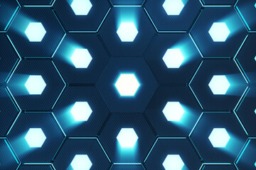 Poster - Abstract blue of futuristic surface hexagon pattern with light rays, 3D Rendering