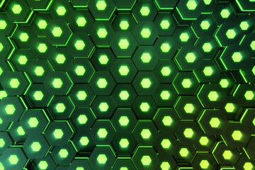 Poster - Abstract green of futuristic surface hexagon pattern with light rays, 3D Rendering