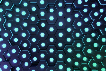 Poster - Blue abstract hexagonal glowing background, futuristic concept. 3D rendering