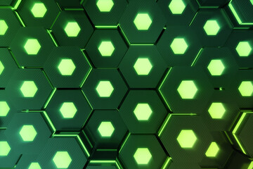 Poster - Abstract green of futuristic surface hexagon pattern with light rays. 3D Rendering