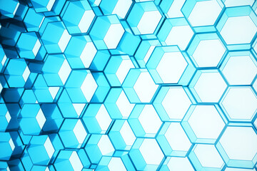 Poster - Abstract blue of futuristic surface hexagon pattern, hexagonal honeycomb with light rays, 3D Rendering