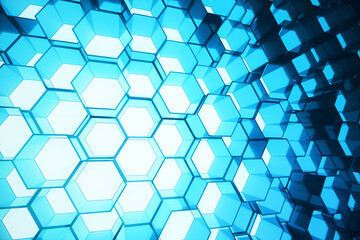 Poster - Abstract blue of futuristic surface hexagon pattern, hexagonal honeycomb with light rays, 3D Rendering