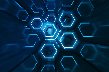 Poster - Abstract blue of futuristic surface hexagon pattern, hexagonal honeycomb with light rays, 3D Rendering