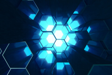 Poster - abstract blue of futuristic surface hexagon pattern, hexagonal honeycomb with light rays, 3d renderi