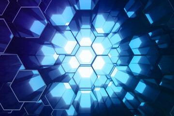 Poster - Abstract blue of futuristic surface hexagon pattern, hexagonal honeycomb with light rays, 3D Rendering