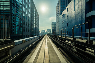 Front view of train in modern city