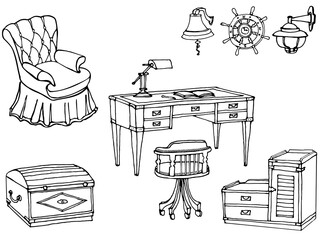 sketch of furniture for a child's room in a nautical theme, vector doodle il blue lines on beige background, for interior designer mare furniture office