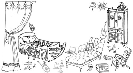 sketch of furniture for a child's room in a nautical theme, vector doodle il blue lines on beige background, for interior designer furniture boy sofa toys 90 50